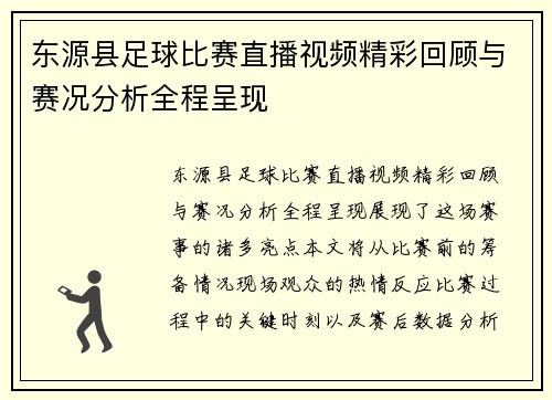 东源县足球比赛直播视频精彩回顾与赛况分析全程呈现